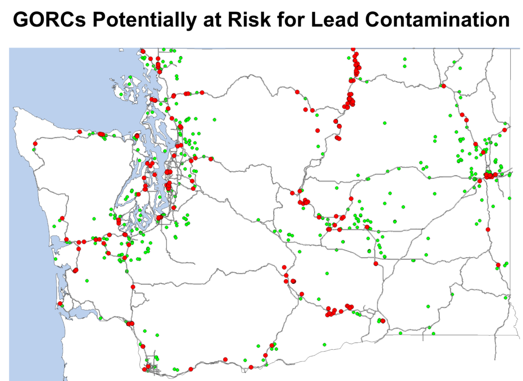 Red dots show the location of all growers of regulated cannabis that fall either within 1 mile of DOE-identified legacy orchard lands or within 1,000 ft of a major road or motorway.